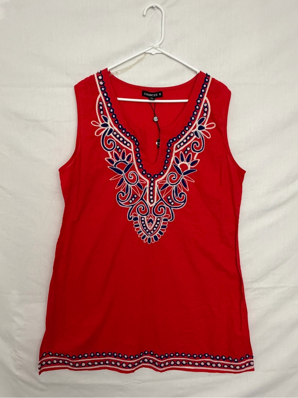 Chances R Red Embroidered Sleeveless Tunic Size XL New with Tags(A826)